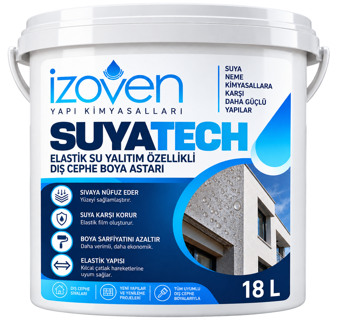 İzoven SUYATECH Su Yalıtım Kovası İZOVEN SUYATECH Elastik Dış Cephe Su Yalıtım Astarı ambalajı